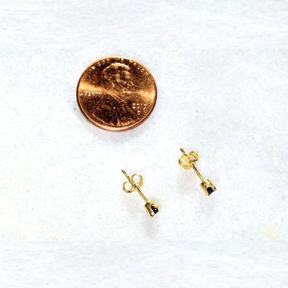 14k Solid Gold Stud Earrings with Dark Blue Sapphire - Picture 4 of 4